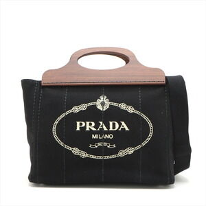 Prada Canapa Canvas Wood Handbag Black